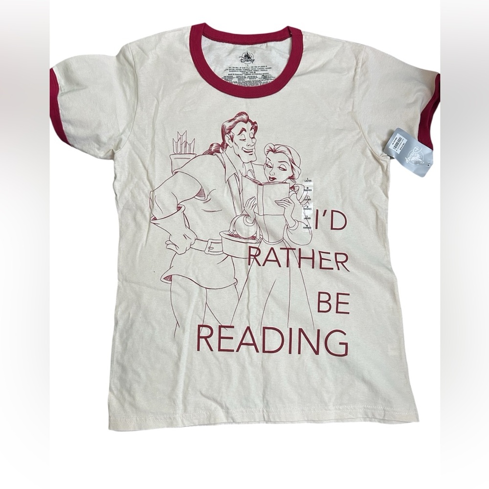 Disney Womens Cream and Red Reading Graphic Tee